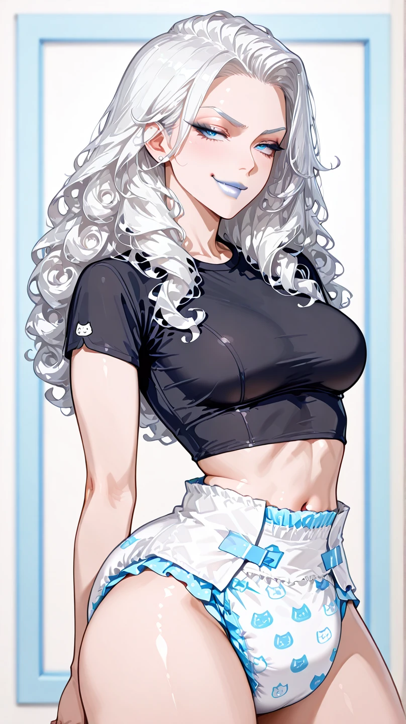 mixed_artwork style, 1 girl, standing alone, hands, beautiful woman, Asian, thick, short white blouse tied, short shorts, ptinta eyes, white hair ptinta locks, twin tails, realistic, textures, 8K, perfect hand, perfect anatomy, Breasts, Zoom in the face