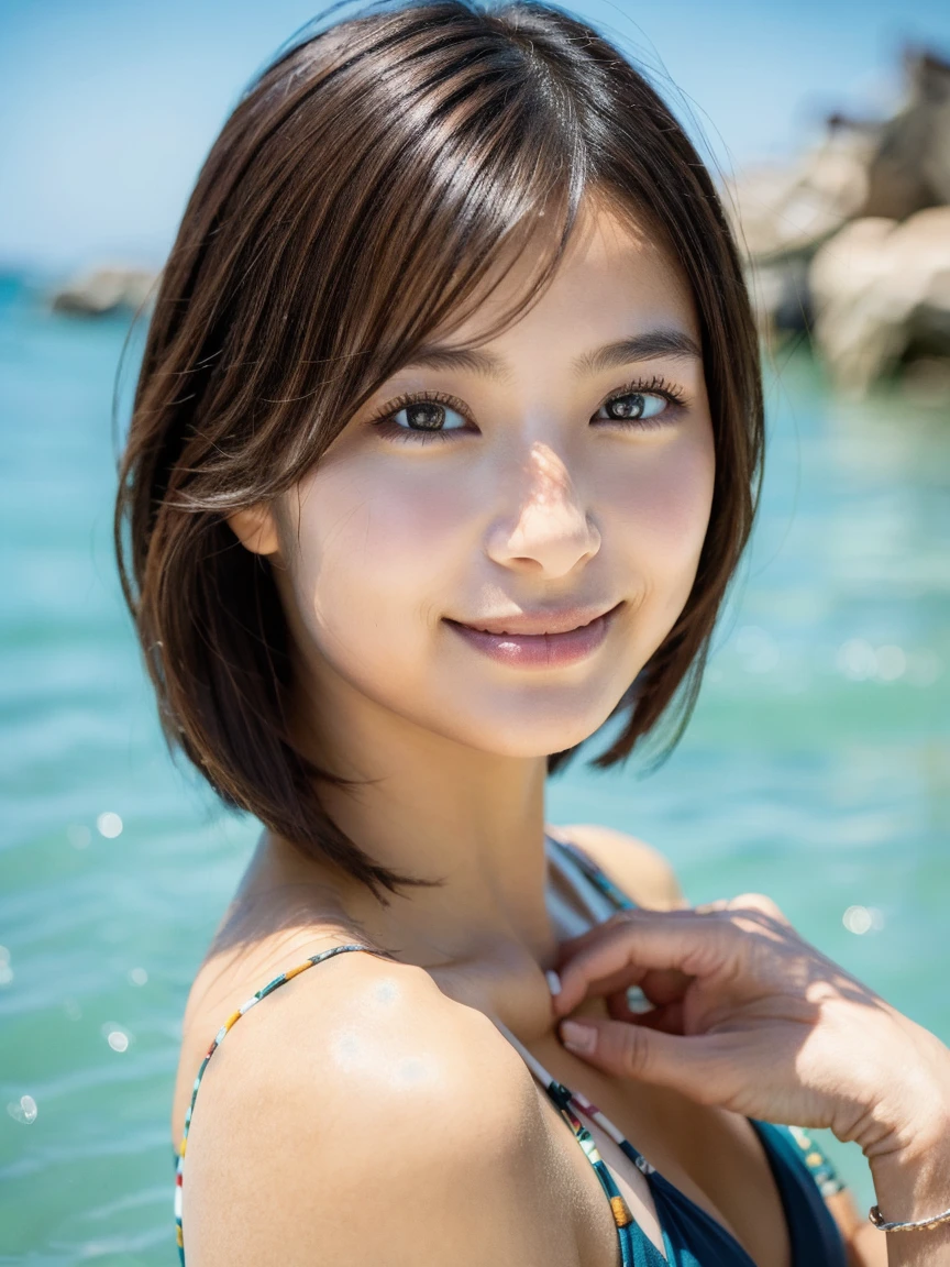 table top, highest quality, figure, super detailed, finely, High resolution, 8k wallpaper, 完璧なダイナミックな構figure, Cute Beautiful Girl、、teen girl、、pat shoulders、beautiful and fine eyes,small face、neat girl、thin body、Slender、Red bandeau bikini, natural color lip,beach, cute pose, brown hair、bob cut、bangs bangs、flowing bangs,beautiful big breasts,cleavage,Slender body type、 smile,wet body,Wet chest, wet hair