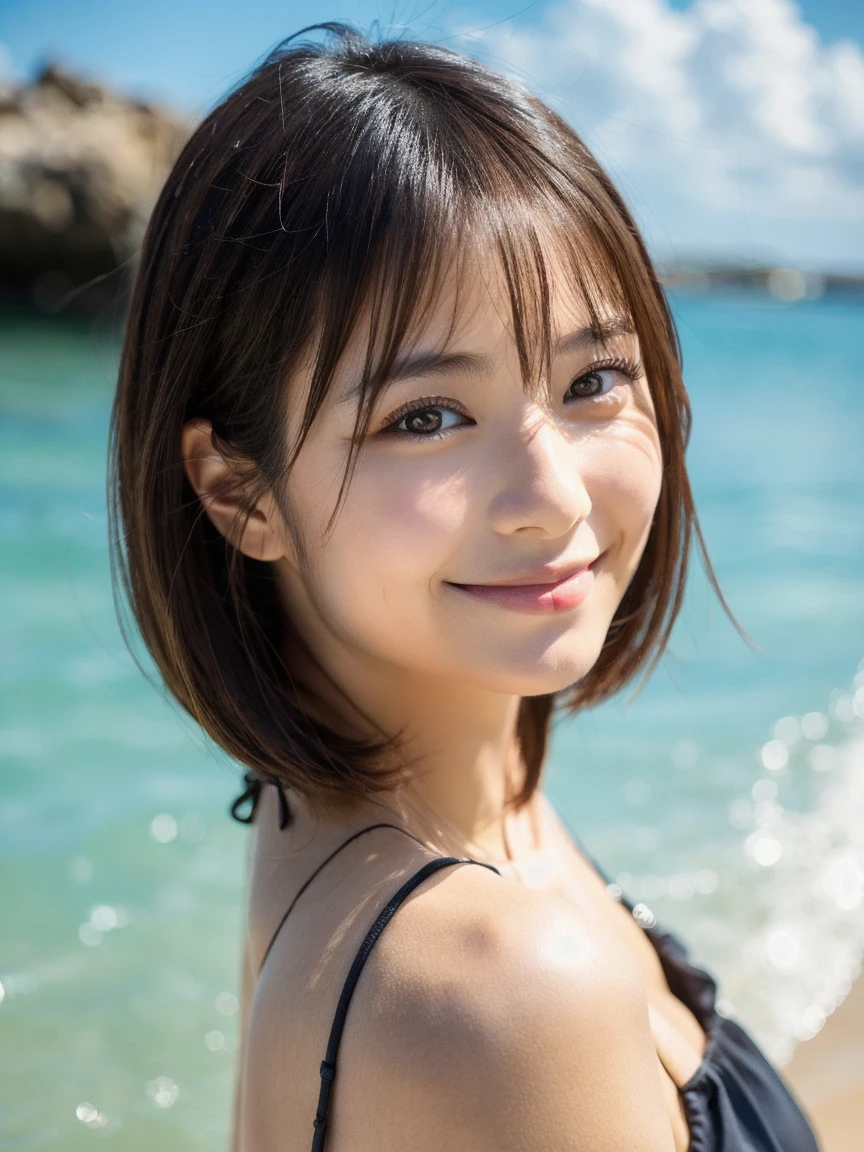 18歳の日本人の女の子のwhole body像、(((32k、high detail、high detail、masterpiece、Attention to detail、whole bodyエスビアン、Alone)))、Raw photo&realistic atmosphere、beautiful dark eyes、delicate mouth、glossy pink lips、thin eyebrows、narrow eyes、White skin that shines with soft detail、Her deep black eyes are so beautiful、lip details、very beautiful face、very well-groomed face、incredible beauty、lifelike face、shining beautiful lips、beautiful eyebrows、infinite reality、リアルなIdolの彫刻、非常にcute女の子、若いグラビアIdol、Idol彫刻、An incredibly beautiful and elegant 18 year old beauty、natural soft light、(Light brown shiny hair、、barefoot、Beautiful and kind eyes:1.5)、(like々beautiful woman、thick cover、gentle smile、shapely big breasts、、beautiful posture、make、woman、look straight ahead、(((short cut hairstyle)))、whole body、smile a little、summer、sandy beach、Thin white micro bikini、seaside、Idol、cute、グラビアIdol、(((Glittering skin reflecting sunlight)))