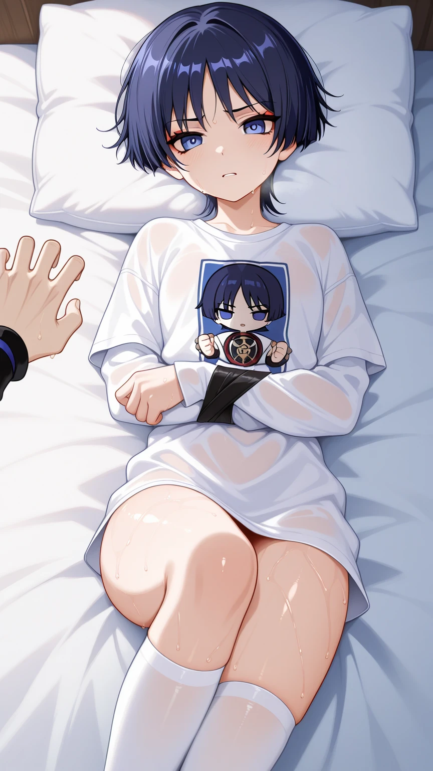 BREAK a ,lloyd , green shorts ,looking at the viewer,male, male focus, For the blue, masterpiece, thick legs, lying in a bed, open legs, white panties, blush, perverted smile, view from above, showing chest, bare chest, blue hair, lift the clothes, steam comes out of the body, Cum on face, M-shaped legs, floating hearts, uterus tattoo, open mouth, lying on your head, dildo inside, visible, cat gloves, the clothes are transparent, transparent, nude, vibrators on thighs, aquamarine eyes, white pantyhose, white pantyhose, asking for semen, flat chest, view from above, blindfold, hands on his penis