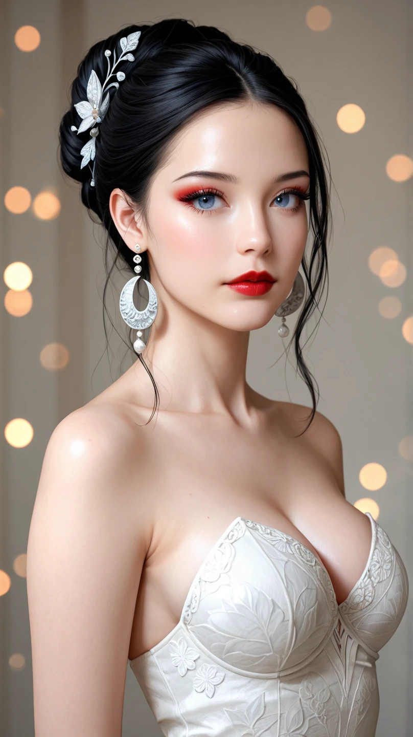 high quality, shiny skin, (Table:1.4), (8k, Photorealistic, raw photo, best quality: 1.4), Japanese, (1 girl), beautiful face, (Realistic face:1.4), beautiful hairstyle, Beautiful detailed eyes , (eyes with best ratio: 1.5), attractive, high resolution, Ultra photo realism, highly detailed, Optimal Ratio, (detailed face: 1.4), see the viewer, red lipsticks, (Fingers with best ratio: 1.5), (Realistic blue eyes:1.2), ((High Proportion Realistic Breasts, Realistic medium breasts):1.4), (closed mouth:1.5), Slim body, she has the (((Giant naked breasts, big erect nipples, plenty of pubic hair visible)))(with whole body visible:1.5), portrait, photography, detailed skin, Realistic, Photorealistic, highly detailed, full length frame, RAW color art with high detail, perforation, soft diffuse lighting, shallow depth field, sharp focus, cinematic lighting