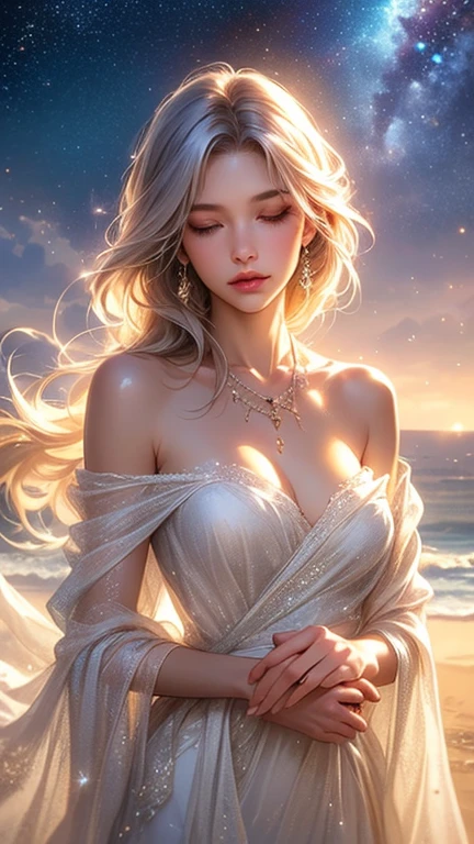 1 girl fantasy dreamy and ethereal, golden ratio!! highly detailed portrait of a beautiful silver haired woman wearing long gown with flower in hair pose on the beach at sunset by tom bagshaw pixar 8 k octane render trending cgsociety deviantart realistic oil painting illustration artstation vrayinematic lighting shallow depth - de 2 0 1 3 d flickr airbrush concept matte sharp focus vector beh Reserv hyperrealistic water