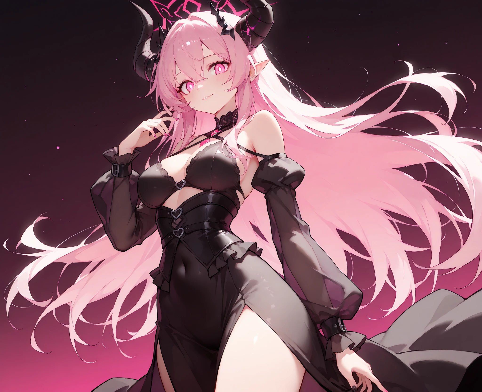 High heels, Posing, Sexy, 1girl, solo, veil, horror, monochrome, dark cathedral, long straight pink hair, black wedding dress, holding a bouqet of colorful roses, glowing eyes, depth of field, sharp focus, cleavage, best quality, masterpiece,
