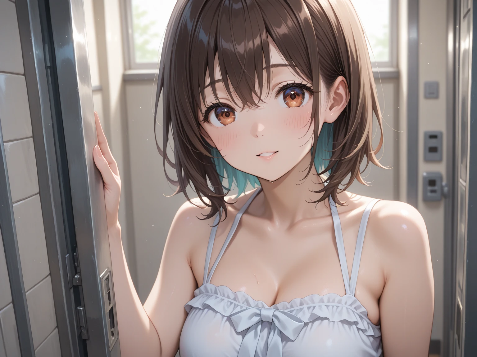 woman, 36 years old、((light brown hair, short hair:1.6)), (thin目:1.6、big black eyes:1.4), smile、thin, smile、Wrist Accessories Idium Chest:1.4)), ((white lingerie)), (Bathroom:1.6), sexy pose