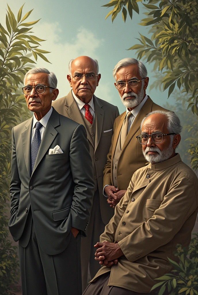 
 A group portrait featuring ten prominent Indian scientists from various fields. In the center stands C.V. Raman, Nobel laureate for Physics, with kind eyes and a white beard. To his right is Homi J. Bhabha, the father of the Indian nuclear program. On Raman's left is Srinivasa Ramanujan, the mathematical genius. Behind Ramanujan stands Vikram Sarabhai, the architect of the Indian space program, gazing upwards. A.P.J. Abdul Kalam leans on Sarabhai's shoulder. On the far left sits Jagdish Chandra Bose, the pioneer in plant physiology. To his right is Salim Ali, the ornithologist and naturalist. In the front kneels E. Sreedharan, holding blueprints. Completing the group is Venkatraman Ramakrishnan in black and white colour 
