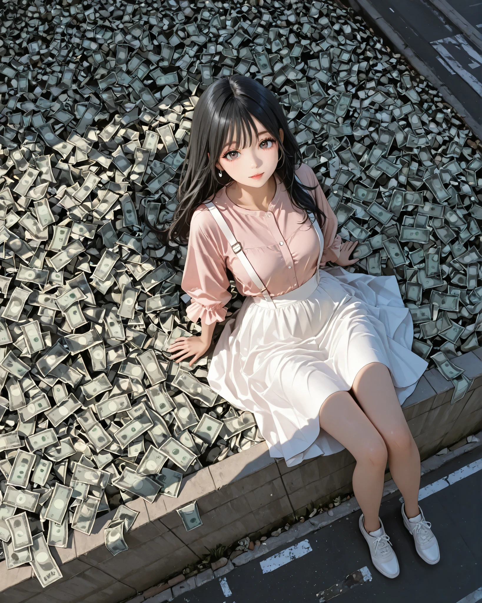 Panorama,(from above),looking viewer,long hair,black Hair, model, pink shirt, white suspenders ,white skirt,clear makeup,in street, wads of money fall from the sky