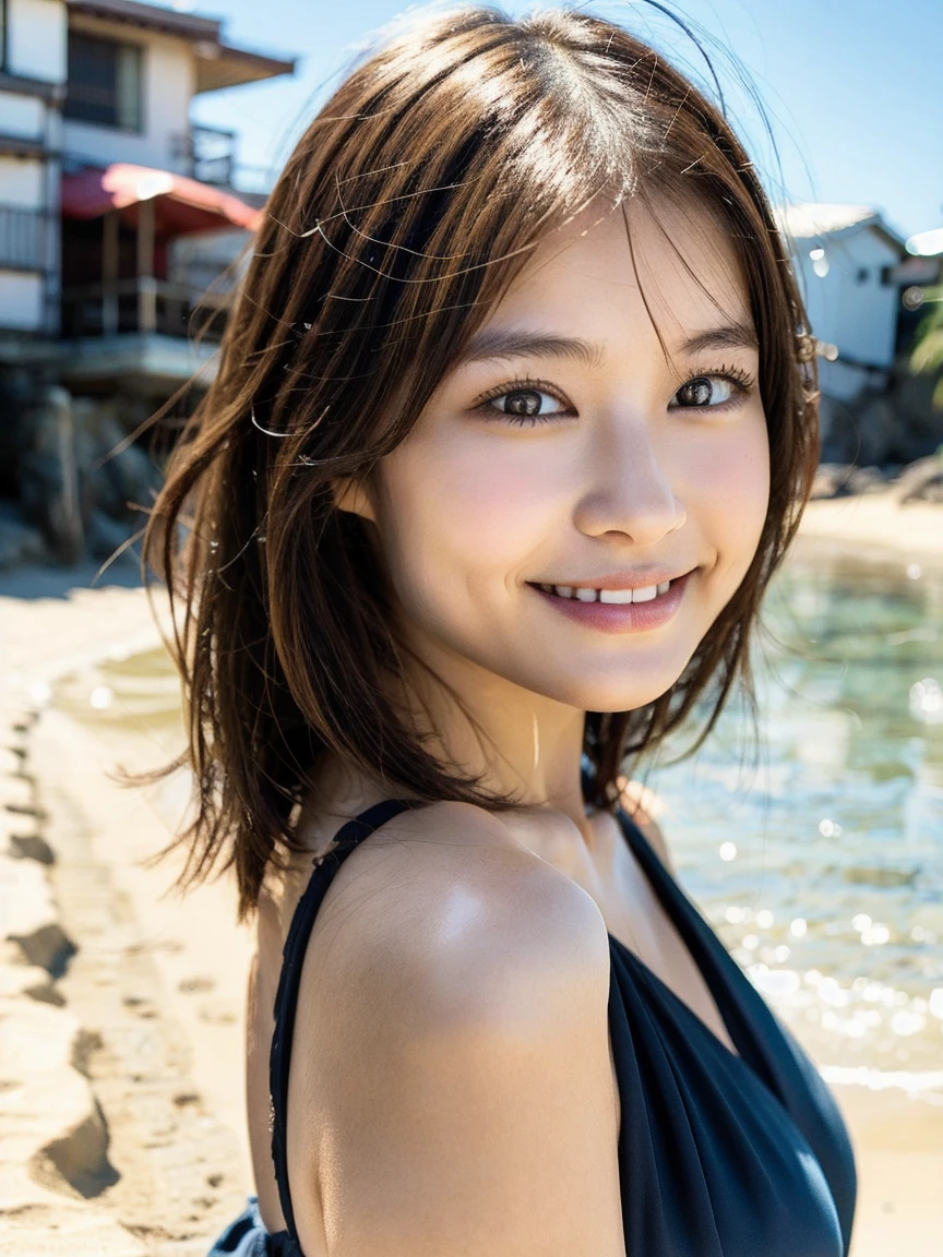 Full body camera angle、((highest quality, 8K, masterpiece:1.3)), concentrated:1.2, Perfect body beauty:1.4, Hips:1.2, ((Delicate Hair)), (Colorful swimsuits、bikini、 :1.1) , ((highest quality、8K、masterpiece:1.3))、1 Girl、A sloppy smile、Esbian all over、Slim face、Big 、Beautiful woman、(Dark Brown Hair)、Flickering Valley、Detailed eyes、double eyelid、Blurred Background、超Slim face、Looking down、Okinawa、Beach、Beach Valley、
