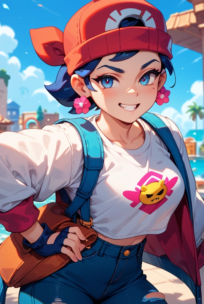 masterpiece, high res, detailed face, detailed eyes, 1 girl, solo, big smile, teeth, brown hair, brown eyes. thick eyebrows, medium breasts, blue vest, black tigh shorts, chest bandages, bandana, hair sidebuns, anklet, red obi, swimming, underwater, cowboy shot, full body, <lora:Lun:1>