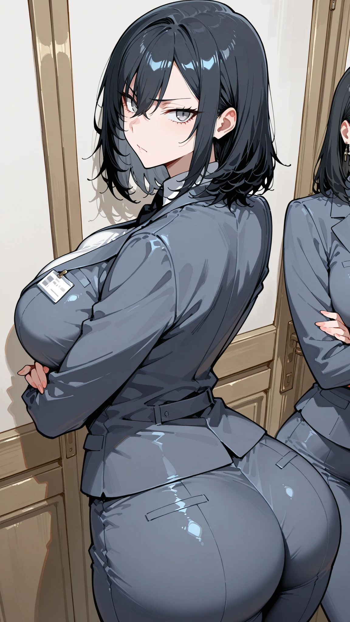 Lesbian in a police suit (very tight skirt, tight blue t-shirt) big breasts, very big thighs,que se bese con un prisionera muy sexi con big breasts y culo grandes (that they are fucking in a cell in bed almost naked,but with his suit )(let them grab their breasts and fuck each other)(That the lesbian is fucking her girlfriend from prison)