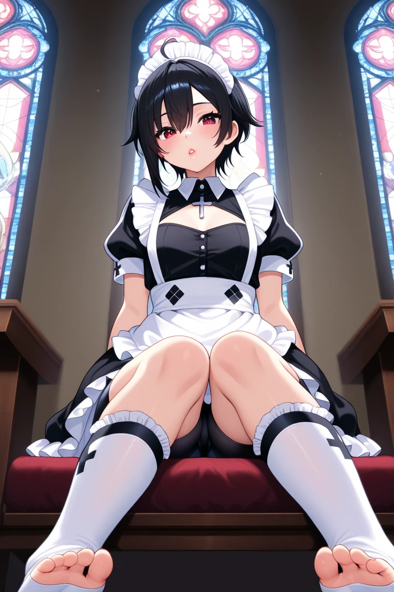 1girl, aaichika, tiara, bridal veil, necklace, cleavage, wedding dress, strapless dress, white dress, white gloves, elbow gloves, from below, skirt lift, white panties and sexy stockings, bare legs,, masterpiece, best quality, highly detailed, short black shine hair, red eyes, red choker