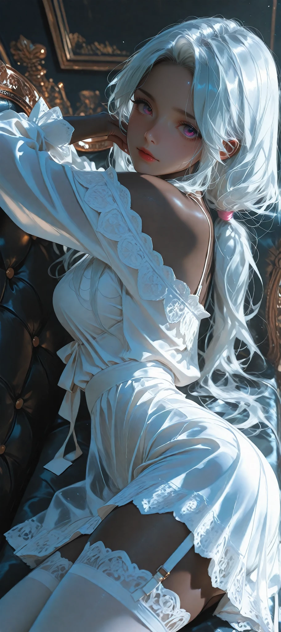 In a room of dark and mysterious hues, bathed in the silver light of the moon filtering through the velvet curtains, rests a young succubus. Her pale skin contrasts with her night-black hair, scattered around her head on the silk pillow. Her wings folded gently around her, similar to those of a bat, add a touch of strangeness to her haunting beauty. She wears a light nightgown that delicately reveals her sensual curves. Her expression is peaceful, her long eyelashes shading her delicate cheeks as she dreams in a deep, enchanting sleep. Around his bed, mystical symbols and unlit candles suggest a magical and secret atmosphere. The silence of the night is broken only by his slow, steady breathing.