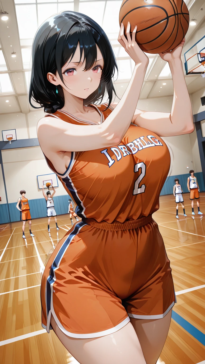 1 women, big breasts, basketball costume,You can see a little bit of your underwear,bob black hair , correct anatomy ,Beautiful eyes, beautiful face , tsudere,milf,in the locker room,red eyes,เขินอาย