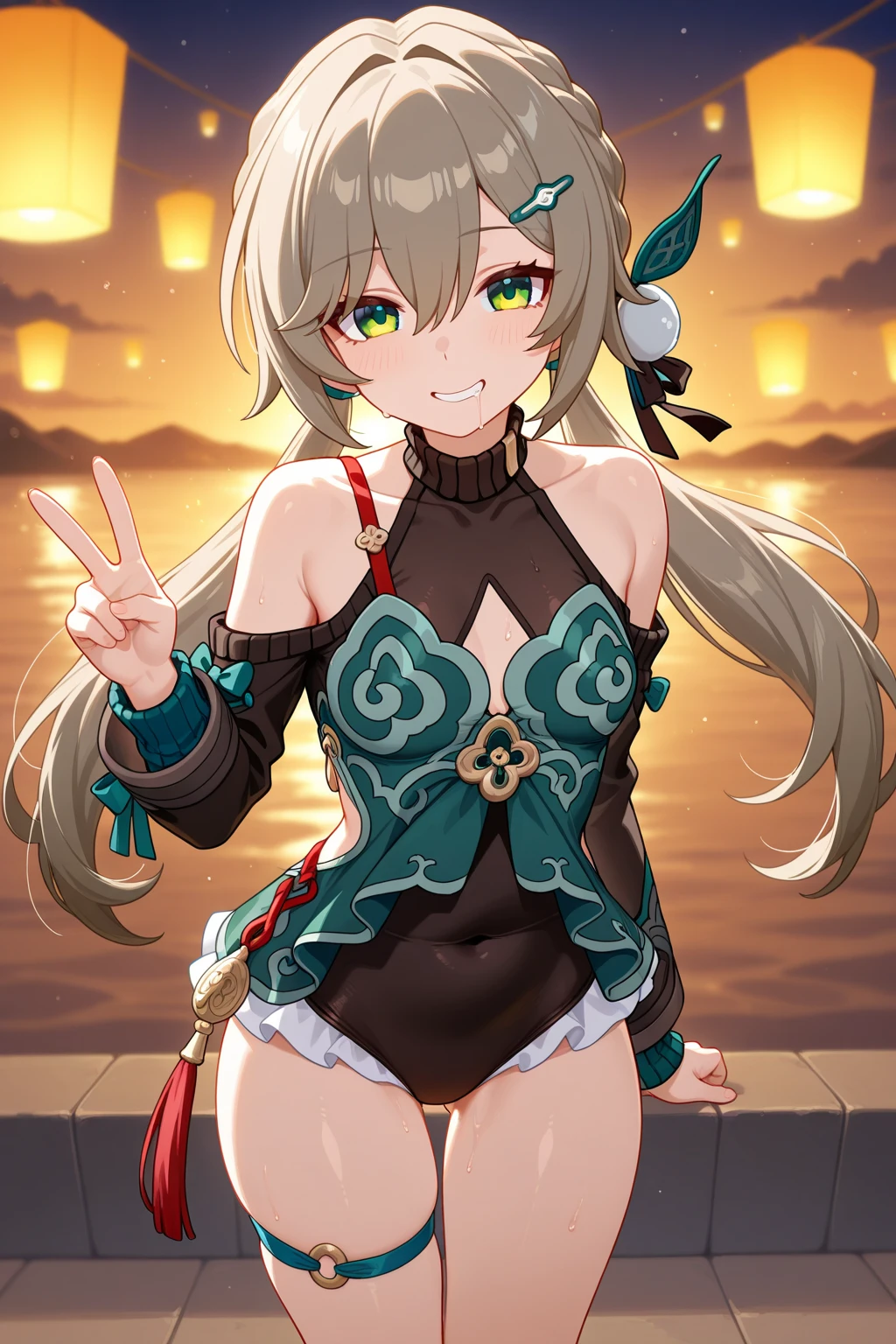 masterpiece, best quality, 
1girl, landscape, panorama, overlook,(high contrast:0.8),(distant view),blurry foreground,wind,
Mumu, long hair, brown hair AND green hair, pointy ears, yellow eyes, hair ornament, mole under eye, small breasts, collarbone, bangs, 
bikini, 
looking up, sitting on person,
city, street, night, starry sky, dark, midnight, cowboy shot,  projected inset, 
 <lora:Muelsyse_v1.4-000006:1:CHARACTER>