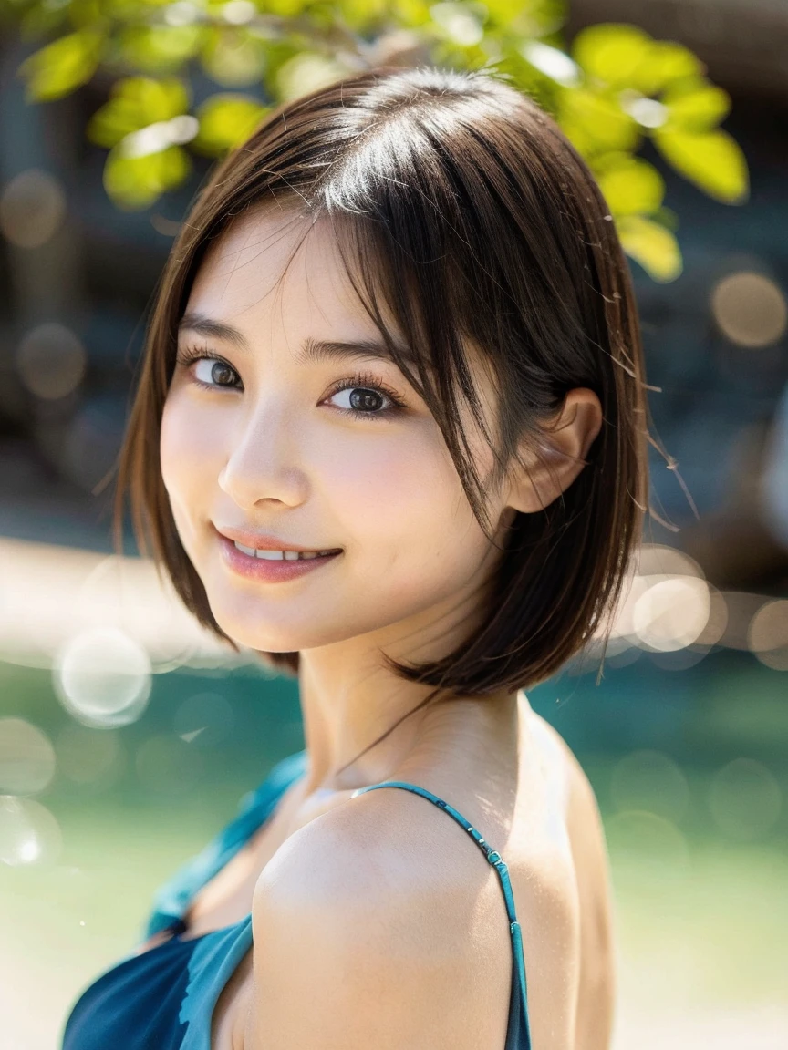 1 girl、highest quality、realistic、alone、Depth of written boundary、natural soft light、daytime、charm、beautiful face、cleanliness、pure face、white skin、cute、short hair、bangs、beach、Light of the sun、Nedium Breast Body Esbian、((セーター黄金比のbeautiful face 対称性のあるbeautiful face))、long neck、show me your ears、bangsのあるきれいな短いボブヘア、smile with your mouth closed、perfect hands指、perfect hands、perfect body、perfect face、Shine a light into your eyes、perfect anatomy:1.4、とてもcuteスーパーモデル:1.4、{Huge|big|Hugeな|mega} chest, cleavage、Smile:1.6、Very beautiful teeth:1.6