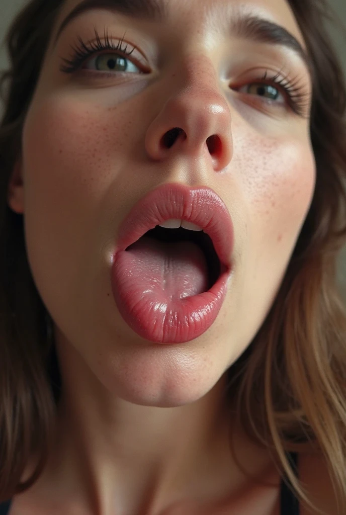 1beautiful girl、17 age、realisitic、((super close up of mouth、Opens mouth wide and shows throat、Smile with mouth wide open))、tongue、長いtongue、tongue out, lip stick, throat open wide