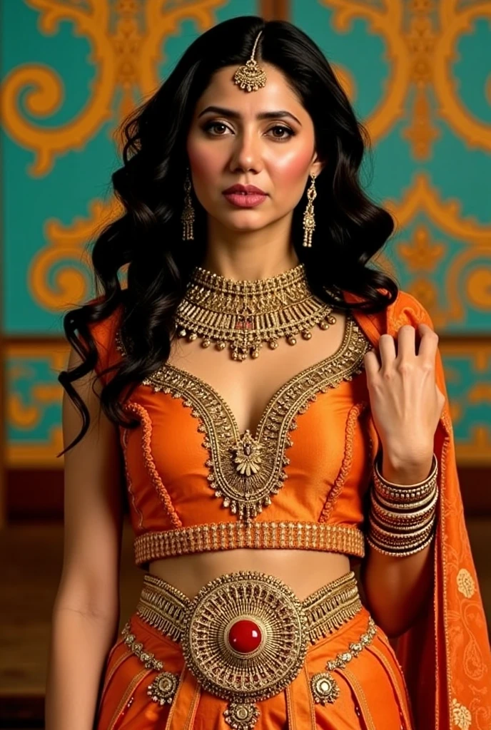 FULL BODY,in MEHENDI HEENA ON BOTH HAND AND LEGS,big bangles on both hand, gold anklet on both legs, wearing necklaces of small black and gold beads with big gold pendant on last,belly chain, full body ,in the middle of yard ,nose pricing , long hair, flowers on hair ,showing navel , dark shade lipstick,desi look.,white long nails , hijab 