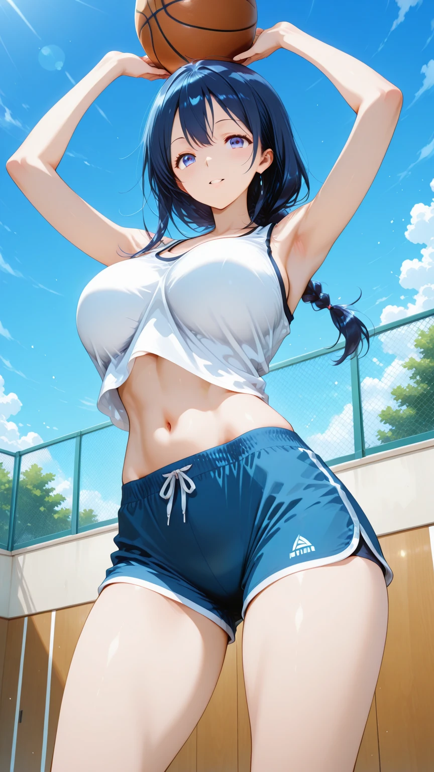 Asian woman taking a photo in a blue bikini, Japanese model, Play sports often and shirt, Play sports often and dark blue shorts, Physically sporty, For whom?, Play sports often, Yoshitomo Nara, Hayao Miyazaki, chiho ashima, Play sports often and shorts, Japanese, kiyoko suzuki