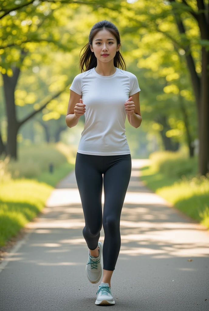 Show entire body, feet in view, gorgeous Mexican supermodel, huge breasts , wearing tight t-shirt, athletic shirts sheer black pantyhose, sneakers, Clear eyes、red lipsticks, jogging, Central Park