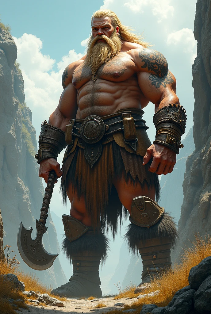 Humans Barbarian, 23 y/or, brown mafia hair, blue eyes, orhne beharrung mit Kriegsaxt

