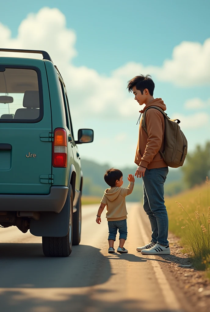 Boy in an orange t-shirt getting into a Saveiro trunk car 