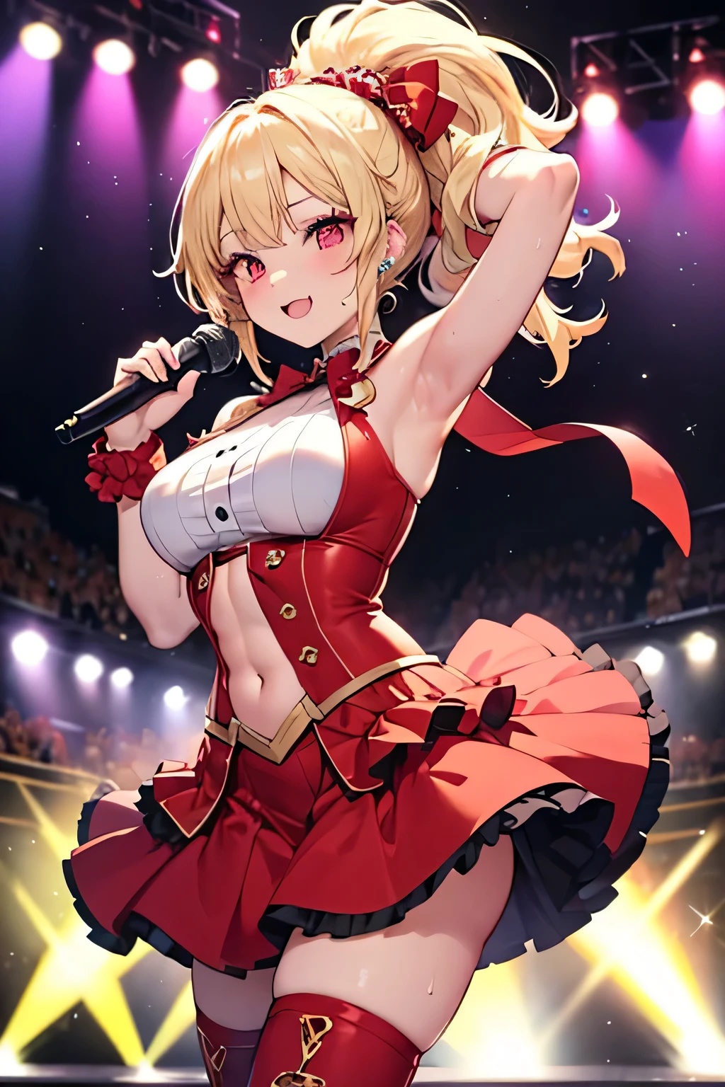 masterpiece,best quality, ultra-detailed,1girl(sakurai momoka, lovely small breasts,  glow skin, wavy hair, long hair, blonde hair, headband, pink flower in hair,green eyes, half-closed eyes), smile, open mouth, glow lips, head tilt, solo, red dress, ornate dress, cleavage, bare shoulders,  long gloves(red), bows, white thighhighs, in the stage, dancing, sexy dancing, Sexy waist teasing, mike grab, sing , singing 