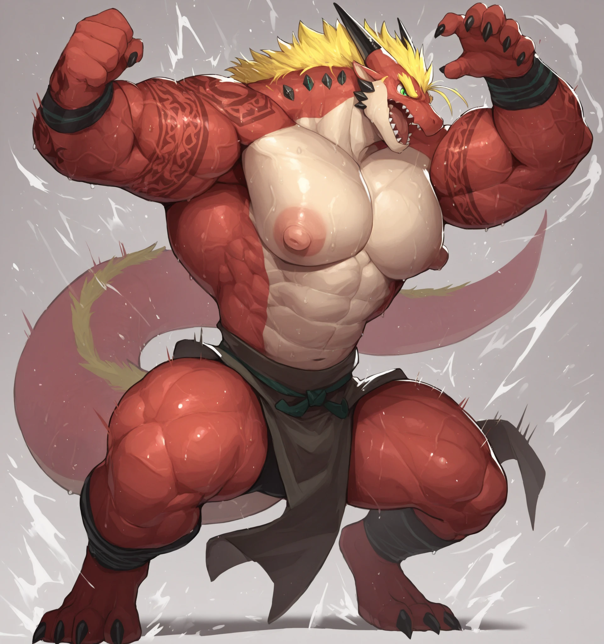 bright red colored bara shark, red skin, large hairy pecs, strong physique, scarlet samurai hair in ponytail, cyan colored eyes,
black sclera, very muscular, perfect anatomy, masterpiece, sexy pose, manly pose, beard, strong jaw, thick thighs, giant biceps, big tail, amazing shading, full body, detailed hands, detailed eyes, detailed face, detailed arms,anthro, muscular, abs, (detailed:1.5), male, amazing composition, wearing samurai armor, detailed armor, stunning design, katana, badass
amazing composition, golden ratio, detailed background, by Angel_lazzu, by zackary911, by SligarTheTiger