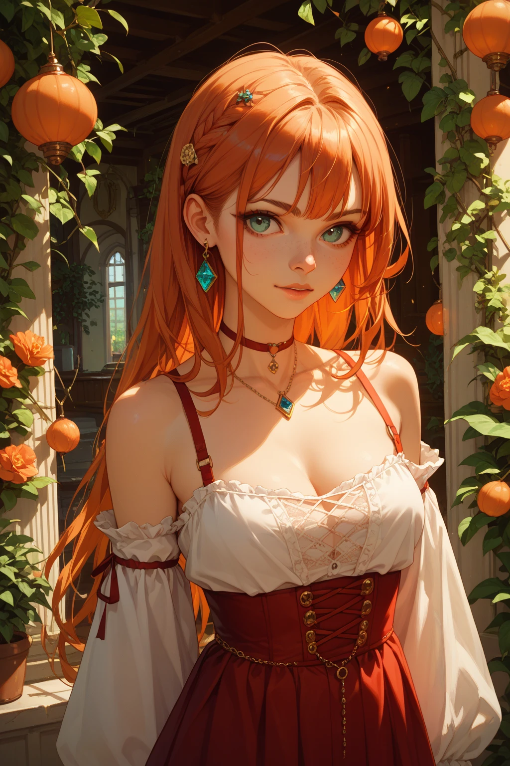 a girl with red or orange hair, embarrassed expression, highly detailed eyes, warm smile mouth, blush, collarbone, frilled dress, upper body, WeriArt style, best quality, 4k, 8k, highres, masterpiece, ultra-detailed, realistic, photorealistic, photo-realistic