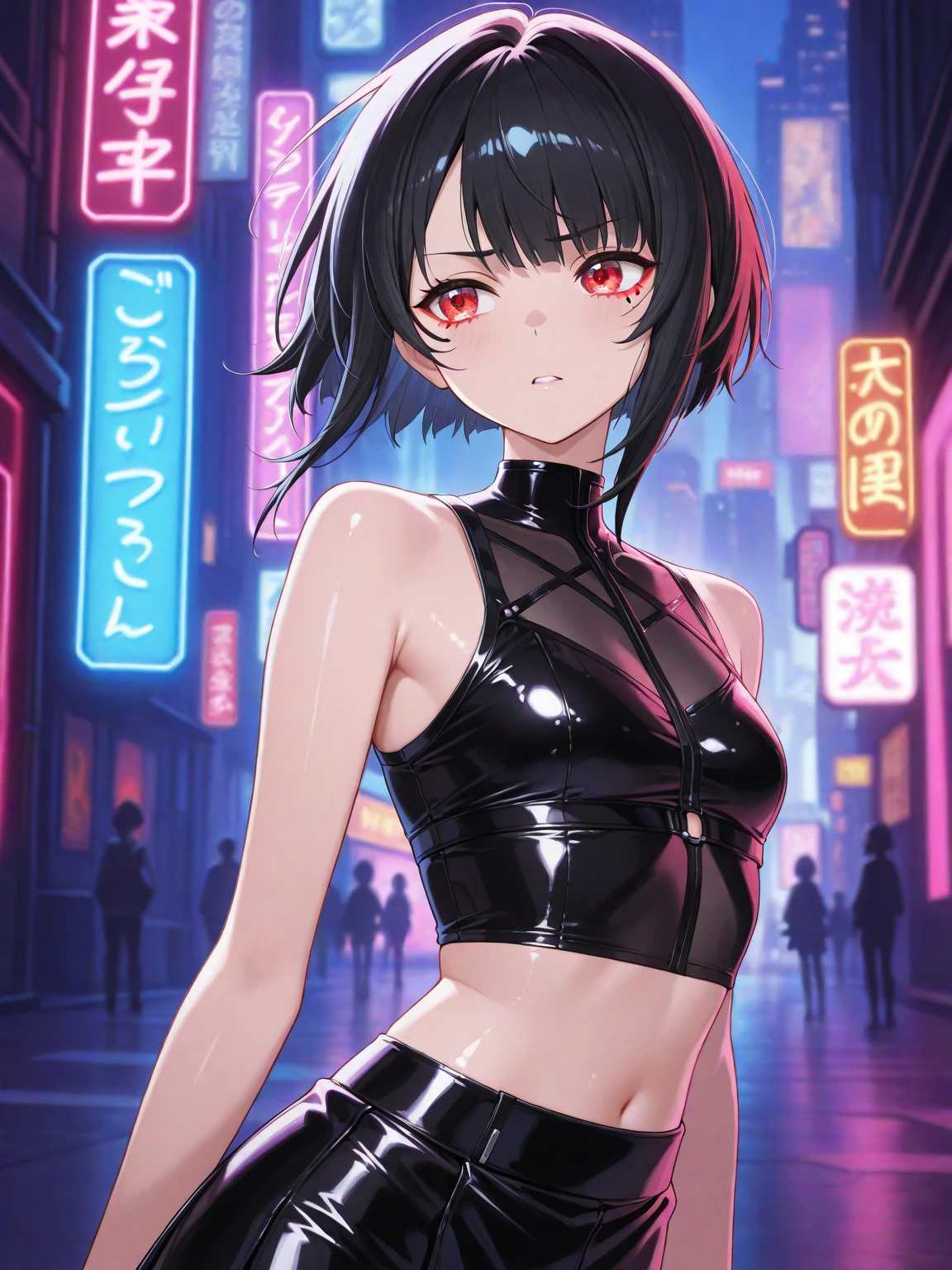 Anime, girl, teenage, hime-cut, short hair, black hair, red eyes, cool, , earrings, night, highlights pink under hair, big boob, night towns,