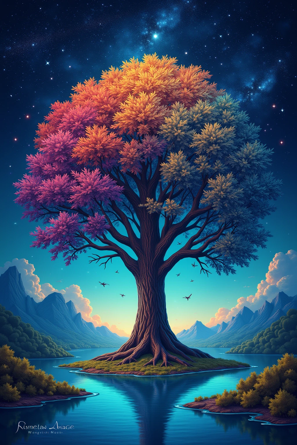The artwork presents a surreal and vibrant landscape featuring a majestic tree at its center. Its branches are adorned with a myriad of colorful leaves, resembling a celestial constellation. The tree stands tall on a small island, surrounded by a serene lake that mirrors its beauty. Above, the night sky is filled with bright stars and galaxies, adding to the enchanting atmosphere. The overall effect is one of awe and wonder, inviting viewers to explore the mysteries that lie within this mystical realm