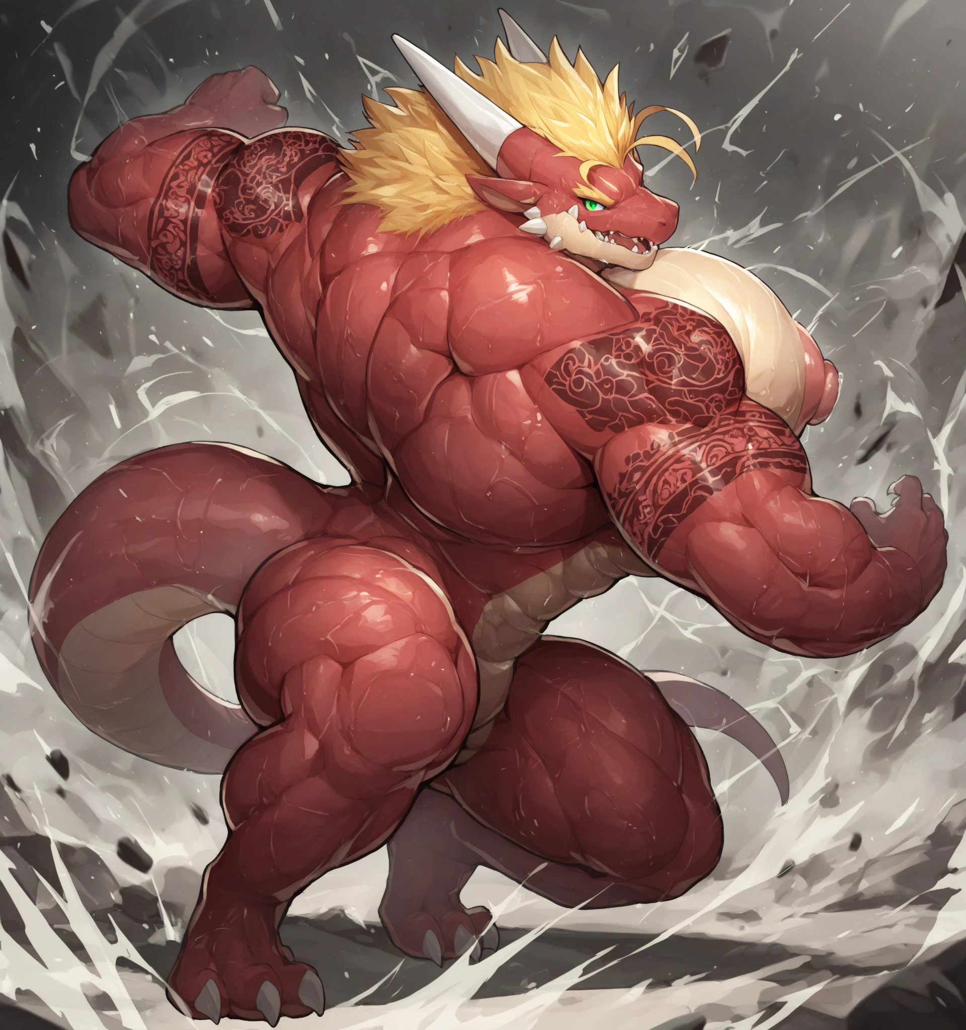 gray and black bara cthulhu, tentacles, spikes on skin, highlights, strong physique, tribal tattoos, body hair, pubes, , cyan colored eyes, black sclera, very muscular, perfect ???????, nipple piercings, solo, masterpiece, beard, strong jaw, thick thighs, giant biceps, big tail, strong physique,  glowing eyes, very muscular, perfect ???????, full body view in frame, nipple piercings, muscular, feet shown, 5 fingers, sweat, amazing shading, clear focus, great lighting, super detailed, strong pose, 8K, colorful, vivid color, digital art, character design, great character design, design concept, standing, standing pose, very detailed eyes, abs, (detailed:1.5), simple background, jockstrap, front view, by zackary911, by SligarTheTiger