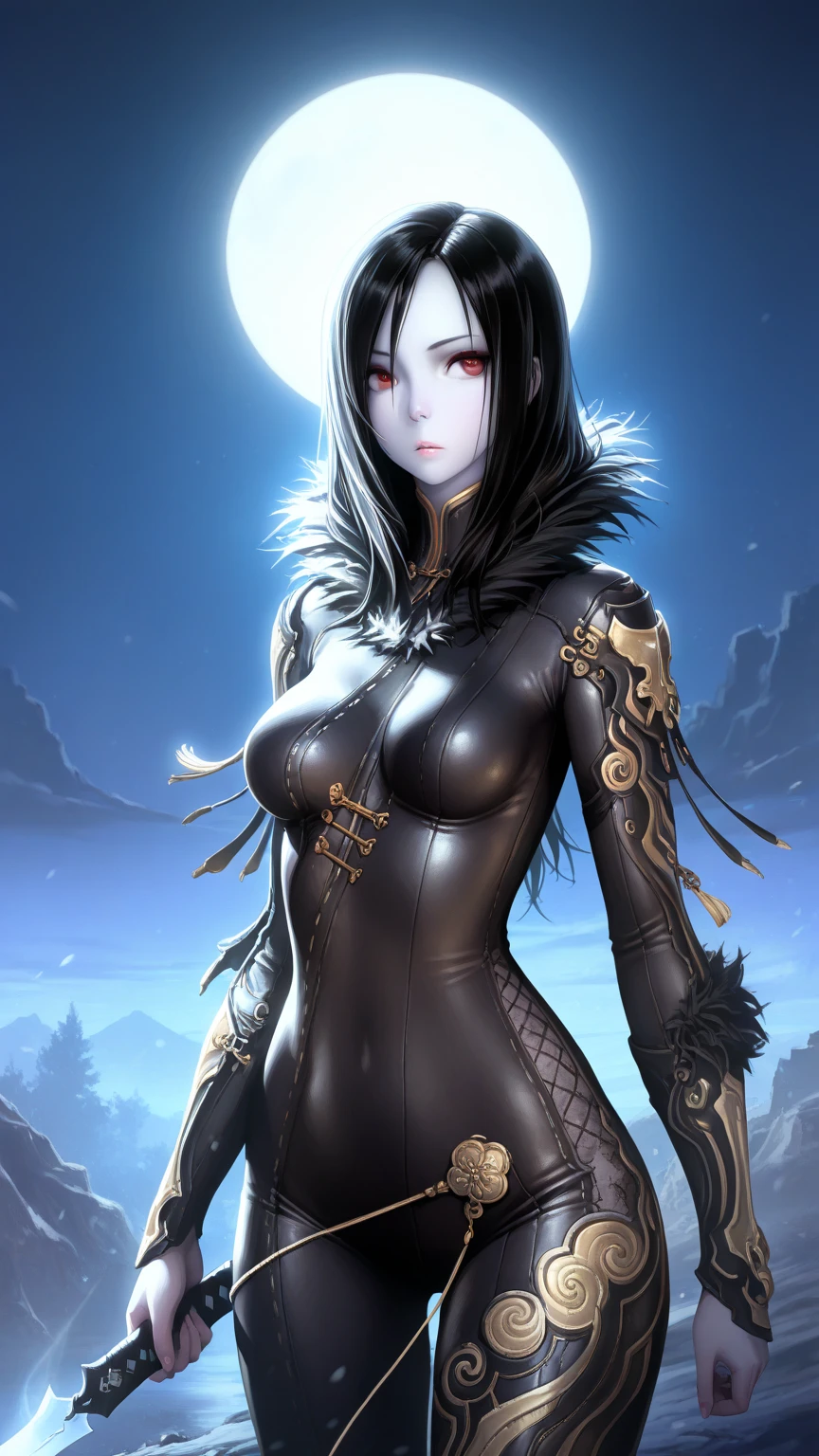 (skill + artistic selection + full detail picture + high-resolution picture + floating + dynamic angle + (1girl) + combat + fabric + costume, black robe, black cloak and bow around the neck + elegant face + blue eyes + black hair + hair multi-color + dark hair: 1.3), dawn, clouds, rocky terrain, watercolor effect in the whole frame "catgirl, eared, Neko,