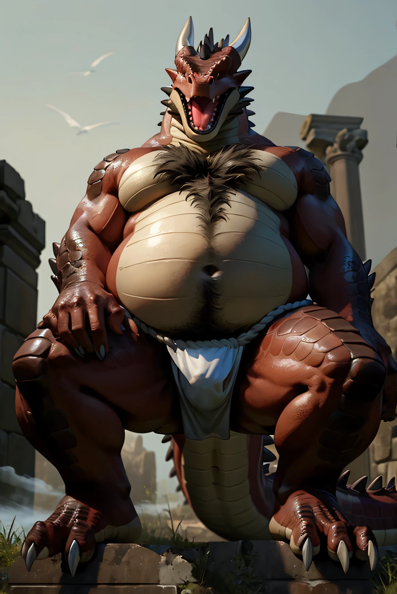red and black dragon body、Dragon in ethnic clothing、very large red and black dragon、Very fat face、A neck with a lot of fat、Fatty limbs、High quality dragon fat face、Scales all over the body like a crocodile、hand rubbing belly、Shiny black belly、Big anime-style eyes、very unhappy look、abnormally obese body、very large amount of fat、Abnormally swollen abdomen as if pregnant、Abdomen swollen enough to touch the ground、An overflowing amount of armpit hair、Pointy pubic hair、sharp fangs、Composition looking up from diagonally below、thick tail、ethnic dwelling background、lying pose、National Costume、Black underwear with huge bulging crotch、black bikini