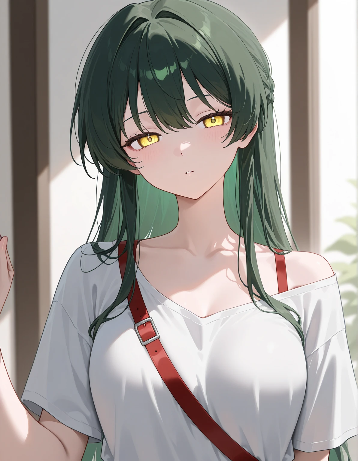 1girl, texas\(willpower)\(arknights), arknights, upper body, wolf ears, black hair, ponytail, yellow eyes, cleavage, looking at viewer, light smile, sweaty, red shirt, (partially unbuttoned), masterpiece, best quality