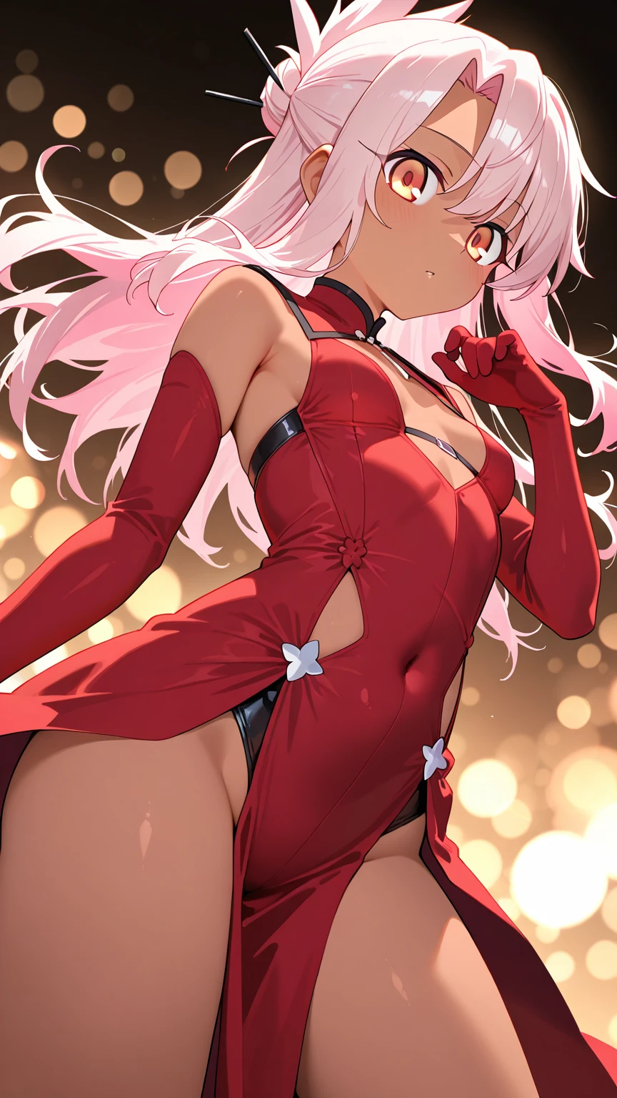 A girl, White hair , Red eyes, big chest, firm thighs, beautiful body, by the wide.