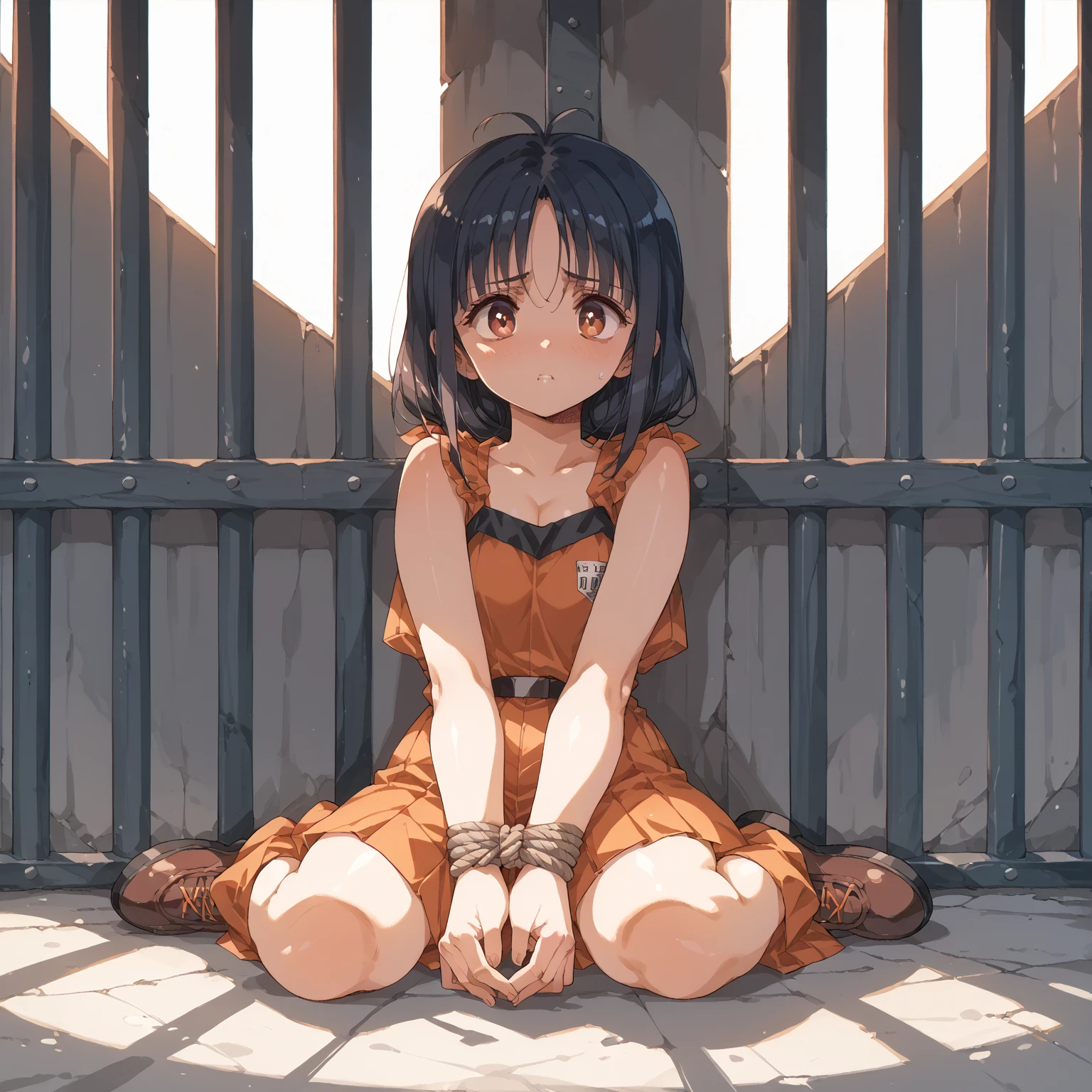 3D two-dimensional, redraw light and shadow, wearing tattered linen clothes, tied hemp rope around the waist, highlight the black whip scars on the body, highlight the metal material of the handcuffs, highlight the reflective material of the handcuffs, highlight the serious black scars on the face, bare feet, highlight the facial tears, highlight the black scars of the arm whip, highlight the black scars of the foot whip, highlight the torn neckline of the clothes, highlight the tattered cuffs, highlight the tattered skirt of the clothes, optimize the double hands, cover the hands on the thighs, highlight the dirty clothes, highlight the dirty face, Highlight the blood-red handcuff scars on the wrists, highlight the blood-red scars on the neck, the drawing style is clear, 4K, and the expression is frightened
