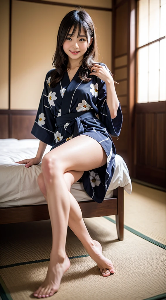 (masutepiece, Best Quality:1.4), Beautiful face, 8K, 85 mm, absurderes, ((Dark bedroom in the hotel:1.4))、(floral pattern yukata:1.2), violaceaess, gardeniass, Delicate girl, Solo, Single hair bun, Hair buns,Night, Looking at Viewer, Upper body, Film grain, chromatic abberation, Sharp Focus, face lights, Professional Lighting, Sophisticated, (Smile:0.4), (Simple background, Bokeh background:1.2), Detail Face、(((Barefoot j:1.4)))、(((Full body:1.4))),