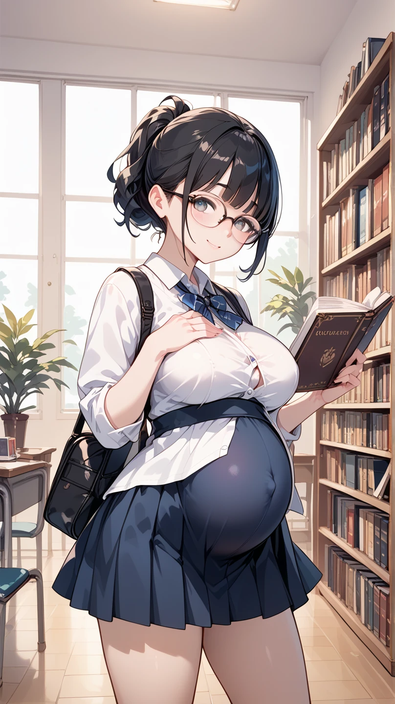 One, 1 girl, masterpiece, Best quality, extremely detailed, cinematic lighting, complex part, A high resolution, official art, finely detailed beautiful face and eyes, high resolution illustration, 8 k, dark intense shadows, overexposure, [blonde hair/Brown hair], Red eyes, complacent, sitting on a chair, upper body, big breasts, School clothes, a book_Heap, the library, Rose, I look at the viewer, pregnant,