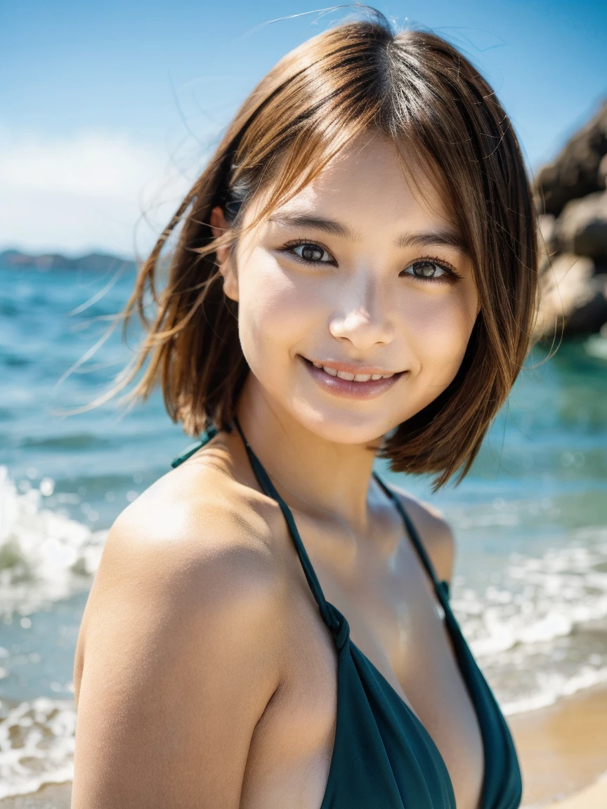 8k,Sexy水着のアメリカ人女性がIn the sea, Very large breasts,Short blonde bob hair,3D Anime Real, Photorealistic,Lost Run,かわいいSexyお尻, Sweaty, Ultra-realistic 3D rendering, Vojtek Fuss, Ultra realistic anime, 超Realisticなコンセプトアート, PhotorealisticなCGI,Sexy,A captivating gaze,Sexyポーズ,charm的な,Sexy水着,Accentuate your cleavage,thin,My whole body is wet,Captivating Gaze、masterpiece,masterpiece,highest qualityのPhotorealisticなRAW写真。Bright colors,Rich colors, Backlight, Film Grain, 50mm lens, Nikon D850,Realistic Skin,Ultra-high resolution,Realistic scale skins,Muscular and slender figure,Very detailedなアート作品、 Detailed digital animation art、Dynamic Angle,Ultra-high resolution,Like the real thing見える肌,charm的,Active,Super Beauty,(Like the real thing),DeviantArt Artstation CGScosiety, 3D Rendering Character Art, 写真のようにリアルなPerfect body, Muscular and slim body,Muscular and toned lower body,close,masterpiece,highest qualityの写実的ななRAW写真。Bright colors,Rich colors, Backlight, Film Grain, 50mm lens, Nikon D850,,(8k,写実的なhighest quality;1.4) ,Slim figure, Perfect body, There is cleavage in the chest, Very thin hair, Pleasure Gas, Glossy Lips, 超Realistic,Cinematic, (Excellent anatomy), (Good balance), Awards, masterpiece, Centered,charm,Volume measurement,Body balance,Ultra-high resolution,Ultra-Realistic Skin,Digital single-lens reflex camera, Soft lighting, Very detailedスキン, Very detailed顔, Very detailed目, lip, Detailed Background, Written boundary depth, Excellent anatomy, (Realistic, 超Realistic:1.4), 16K HDR, The abdominal muscles are intense and defined,Very detailed、masterpiece、highest quality、Dynamic Angle、Film Grain、Best Shadow、delicate、Particles of light、Observe the audience、Cinema Lighting、Close-up,Dynamic sexy pose,Big smile,Blue Eyes,In the sea,Sandy Beach,Close-up,Top-down view,