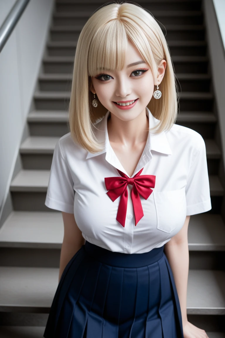 Thai Idol　A MILF 　Big Breasts 　((Bright red shiny lipstick))　Short blonde hair with bangs and wavy　((Blonde Shorthair))　((Looking at the camera))　　((Super shiny enamel white and black striped shirt and enamel tight skirt))　Cyberpunk Classroom　　Duck mouth　Glossy skin wet with sweat　close up of face　Teary-eyed ((Beautiful armpits))　Smokey makeup black mascara　Sweaty, oily skin　Armpit Zoom　Naughty teacher sitting on the desk　View from the floor　Looking down