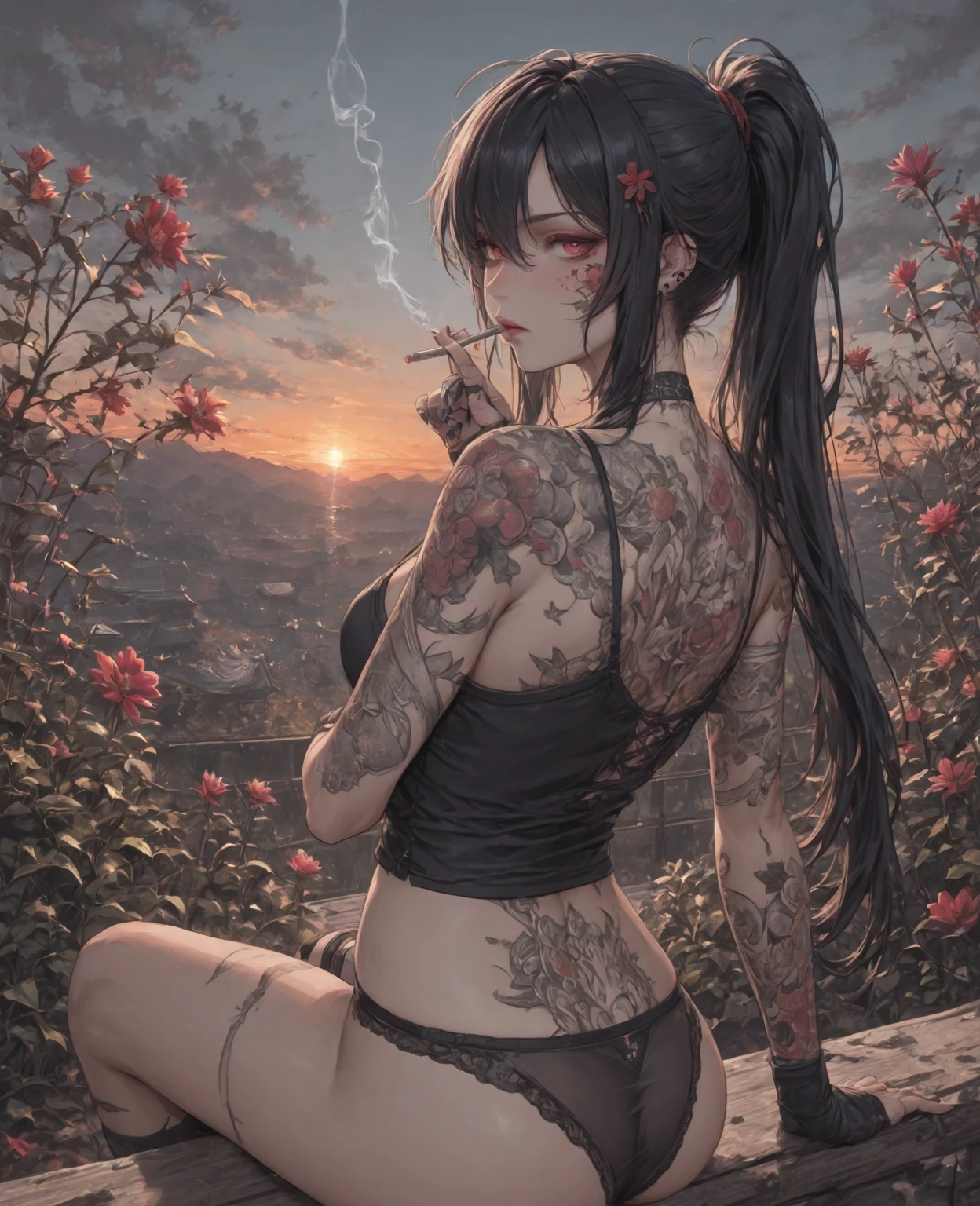 (Best Quality), ((Masterpiece), (Detail: 1.4), 3D, A Beautiful Cyberpunk Woman, HDR (High Dynamic Range), Ray Tracing, NVIDIA RTX, Super-Resolution, Unreal 5, Subsurface Scattering, PBR Textures, Post-Processing, Anisotropic Filtering, Depth of Field, Maximum Sharpness and Clarity, Multi-layer Textures, Albedo and Highlight Maps, Surface Shading, Accurate simulation of light-material interactions, perfect proportions, Octane Render, two-color light, large aperture, low ISO, white balance, rule of thirds, 8K RAW, big breasts, kiss, double breasts, breast augmentation, pants coming off, clothes slipping off, nudity, multicolored hair, asymmetrical hair, twintails, hair flower, dragon horns, red eyes, mismatched pupils, fox ears, smile, lace trim, transparent clothing, transparent clothes, coquettish, fat buttocks, full type, full body, fat buttocks, very large, thick legs, thighs, sexy charm, thong, no clothes, miniskirt, big ass, upturned buttocks, pouting ass, pouting, short clothes, shorts, transparent clothes, pink cute, pink tender, cute, exposed, exposed breasts, leaky groove, white tender, white, white, wet body, shy woman, large-scale exposed, exposed, pouting ass pouting ass, ass ass, big breasts and big breasts, , cute cute girl, cute lingerie, delicate woman, sexy, coquettish, coquettish, bare waist, backless clothing, fleshy, coquettish, flexible limbs, full of vitality, graffiti on the body, tattoos on the arms, graffiti on the buttocks