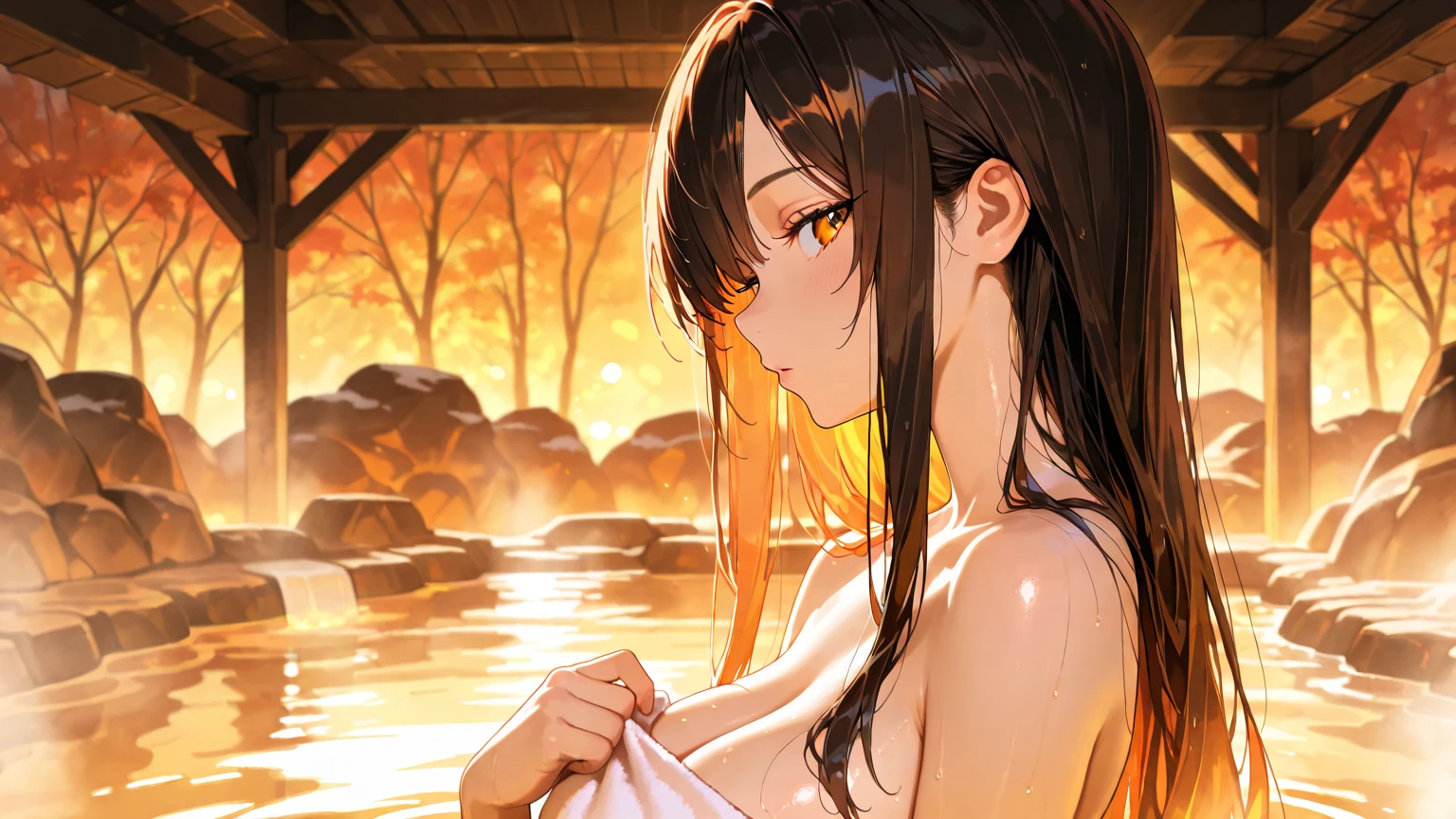 (beautiful girl: 1.3),masterpiece, Highest quality, Ultra-high resolution,Rich contrast,super high quality,8k,Highly detailed CG unit wallpaper,masterpiece:1.2,Ultra-high resolution,RAW Photos,Black Hair,Both sides up,Long eyelashes, Slanted Eyes,Big eyes,Detailed eyes,Watery eye,vapor,evening,naked,Born as is,Glowing Skin,Natural Makeup,jogging,(Sweat:1.3),Wet,Desert Oasis,((voluptuous)),Silver Spring,Sunset reflection,Please put your feet up,A light smile,(profile:1.3),(Rear View:1.3)