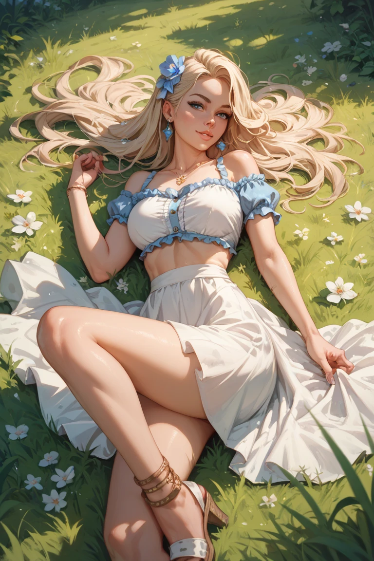 melancholy lighting, A tranquil, Tranquil, luminance, nmasterpiece, 最佳质量, 1girl, (JinxLol:1.2), (ultra realistis:1.3), (nmasterpiece:1.4), 最佳质量, ((make realistic)), hight quality, ultra-detailed detailed, ((Real images)), ((Realistic skin)), (Realistic face)), (illustration:1.05), (ayu:1.05), (Beautiful detail eyes:1.05), (cinematic light:1.1), A full body, Exact proportions, 18yo Girl, Skinny model lying on grass, Surrounding gardens, tree shadows, Ginger blond hair fluttering in the wind, flowery dress, clong legs, The feet are slightly open, The buttocks, Blushlush, shylily, fcollarbone, abdomen, Double weaving, Beautiful and delicate face, fair white skin, authentic skin, (Face details), pores, UltraHighResolution, 8k, Parameter Best quality, nmasterpiece, UltraHighResolution, (Realistic 2.0), More details, Detailed skin, see-through panties, Radiant smile, white teeth, Ginger hair is fluffy, Perfect and well-designed eyes, girlfriend, ayu, ayu, fresh flowers, studio lit