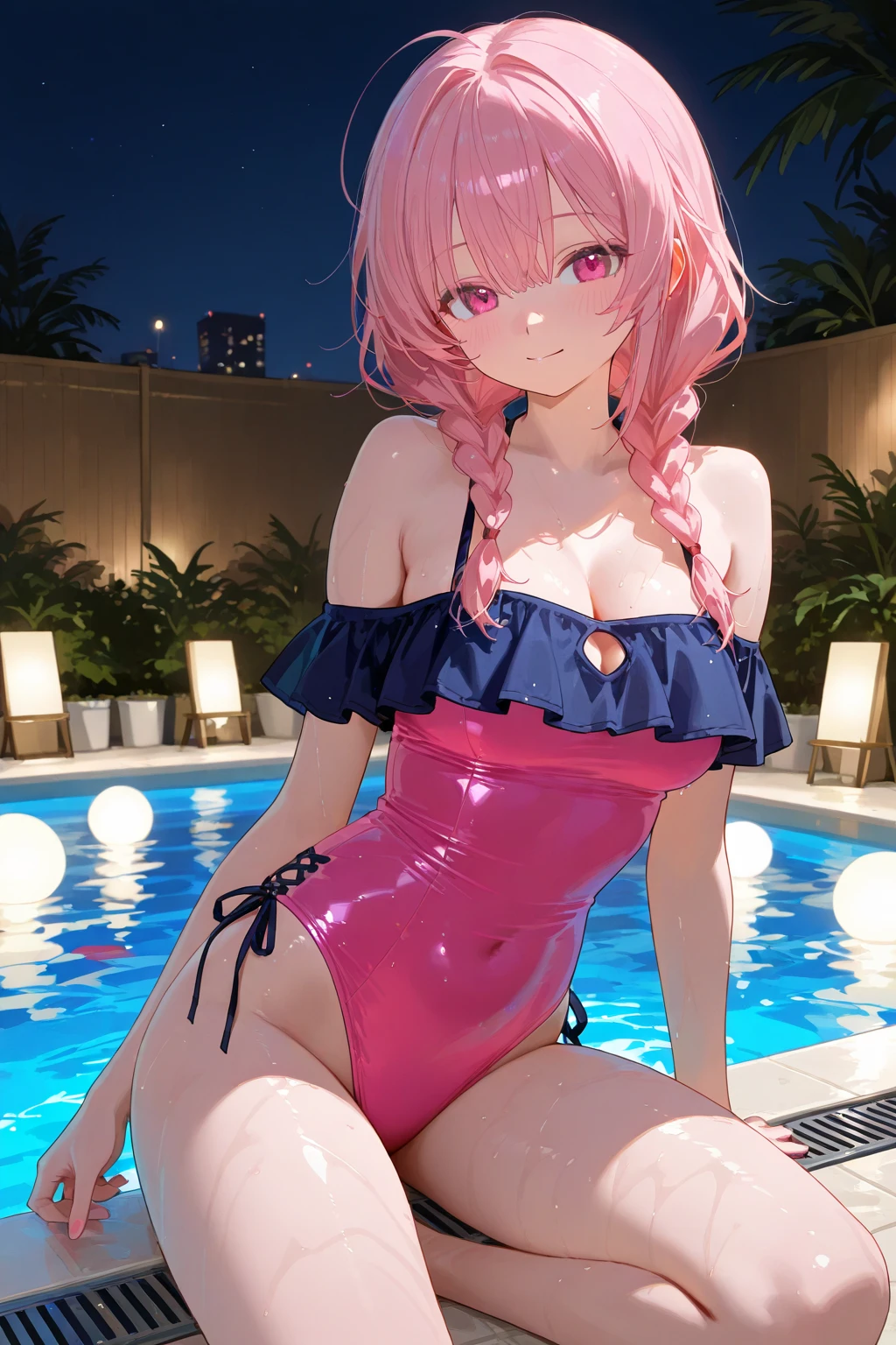 best quality, ultra-detailed masterpiece, nino nakano, blush, smile, (pink leotard:1.2), halter neck,bare shoulders, open legs