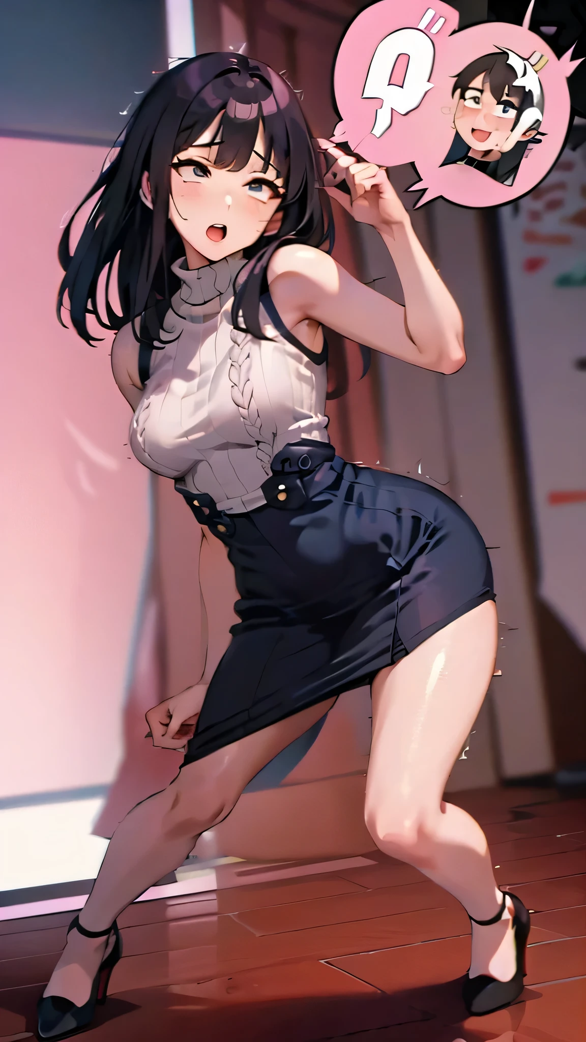 (Best quality, 8K, 12), 1 white girl, 18 years old, long dark purple hair, red eyes, (((full body))), giant breast, curvy, (((ultra detail face, ultra-detailed eyes))), slender eyes, ultra detailed lips, ultra detailed body, ultra detailed breast, convex areolas, (((white tank top with big neckline, cleavage, dark blue pleated skirt, thick legs visible, high heel black boot, red shoelace))), standing, (((back view))), looking the viewer, (((full body back view))), neutral gray background