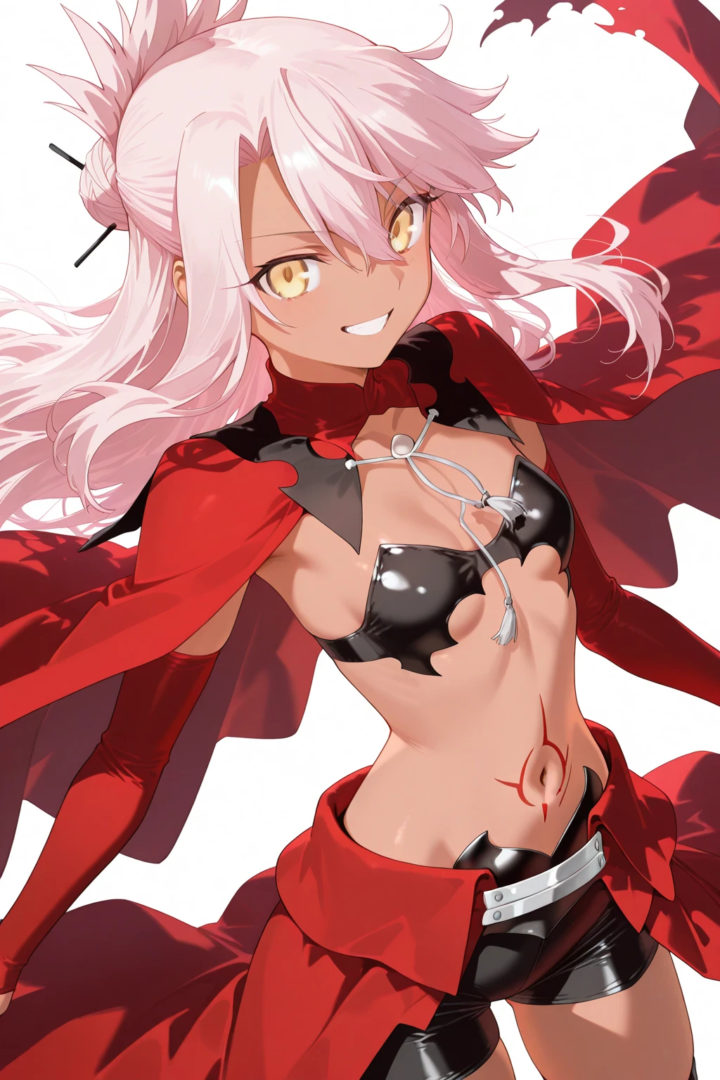 (extremely detailed fine touch:1.2), masterpiece, best quality, highly quality perfect face, lustrous skin, narrow waist, wide hips, perfect face, chloekuro, long hair, dark skin, dark-skinned female, pink hair, navel, boots, waist cape, cape, stomach tattoo, hair ornament, yellow eyes, small breasts, lying on bed, spread legs,