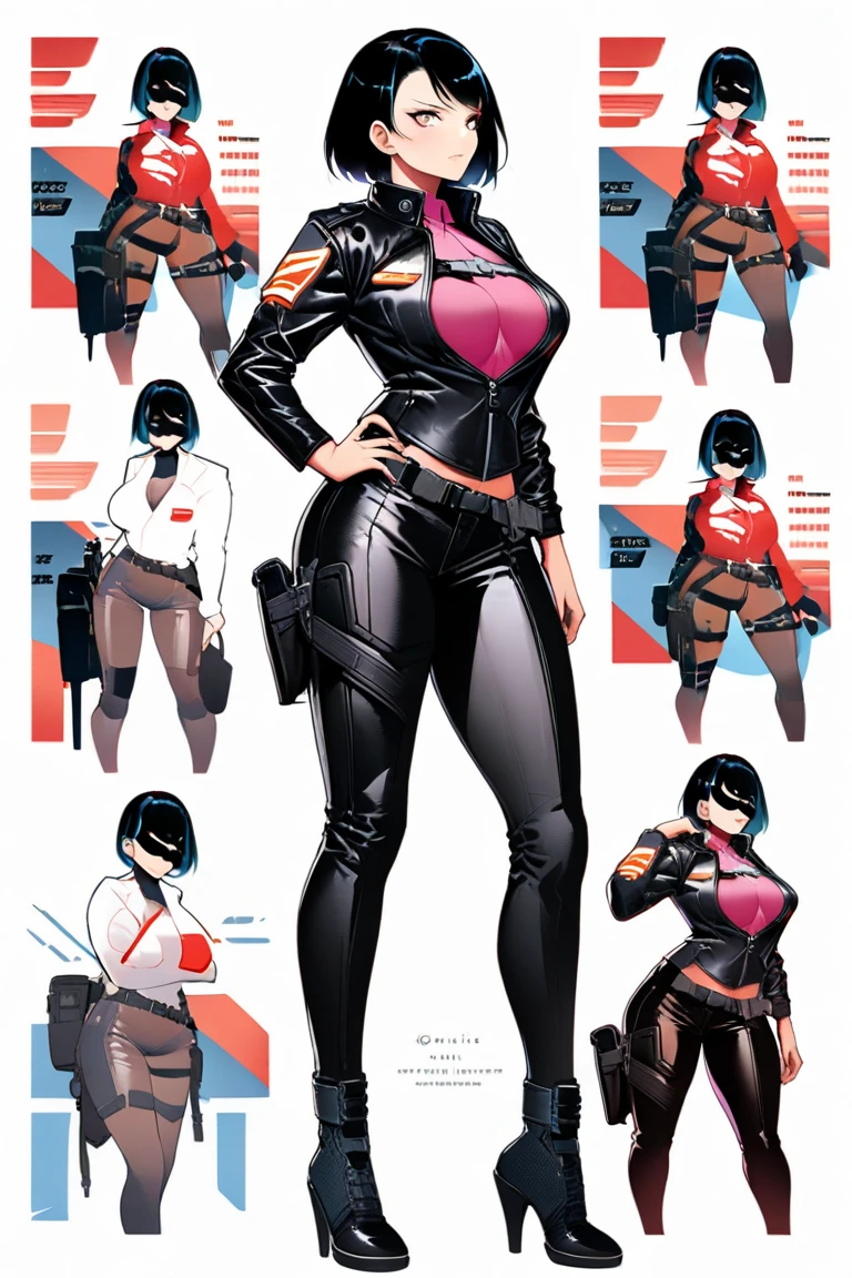1girl, Solo, Slender, big breasts, beautiful, Young, Little woman, Coveralls,a repairman, tight suit, navel, cleavage, Car, garage, various angles, (front, back, side), character sheet, model sheet, reference sheet.