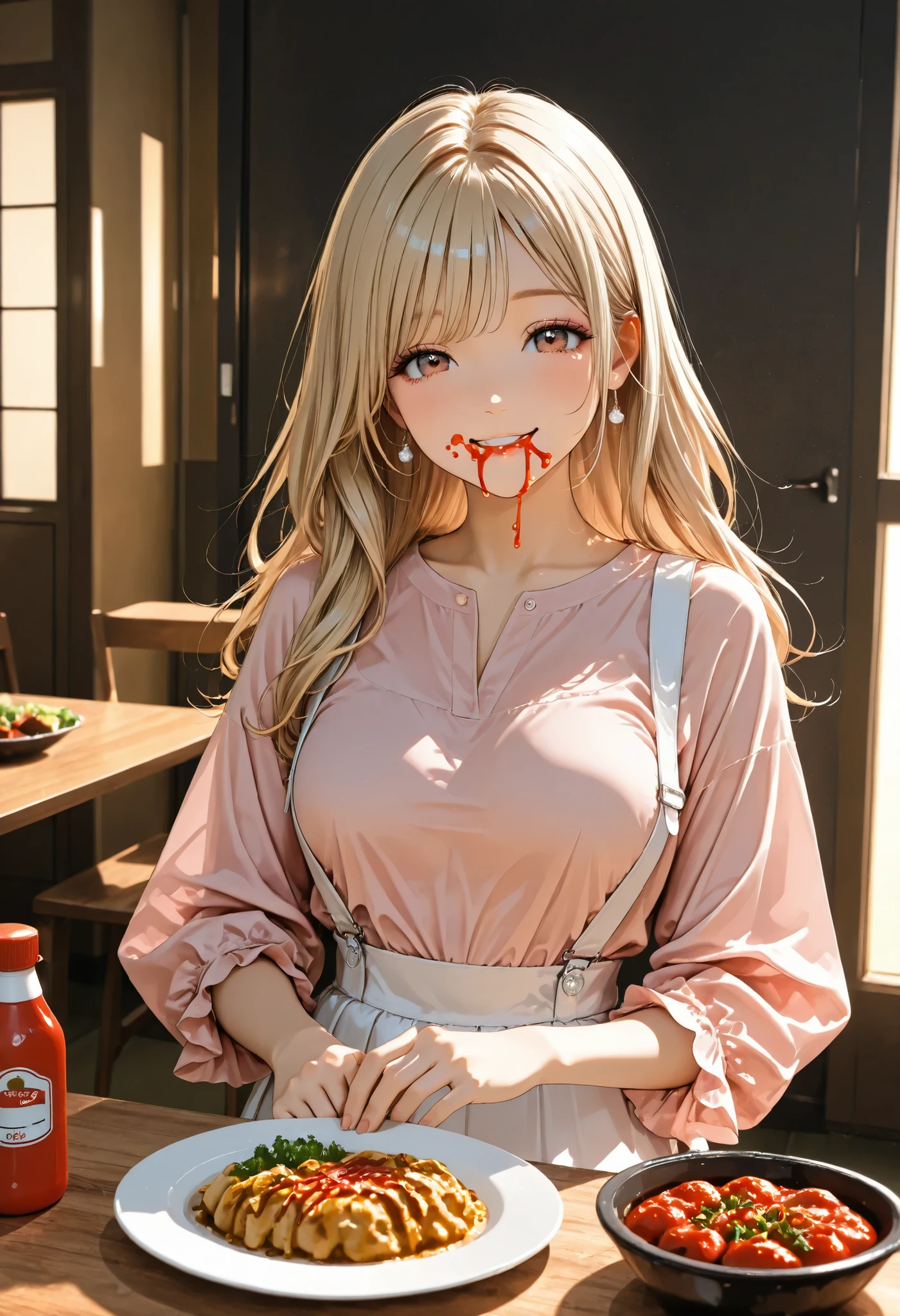 Far view,long hair,blonde Hair, model, pink shirt, white suspenders ,white skirt,clear makeup, (meal at the table), Giddy Smile, (Ketchup on mouth), Warm Tone Lighting
