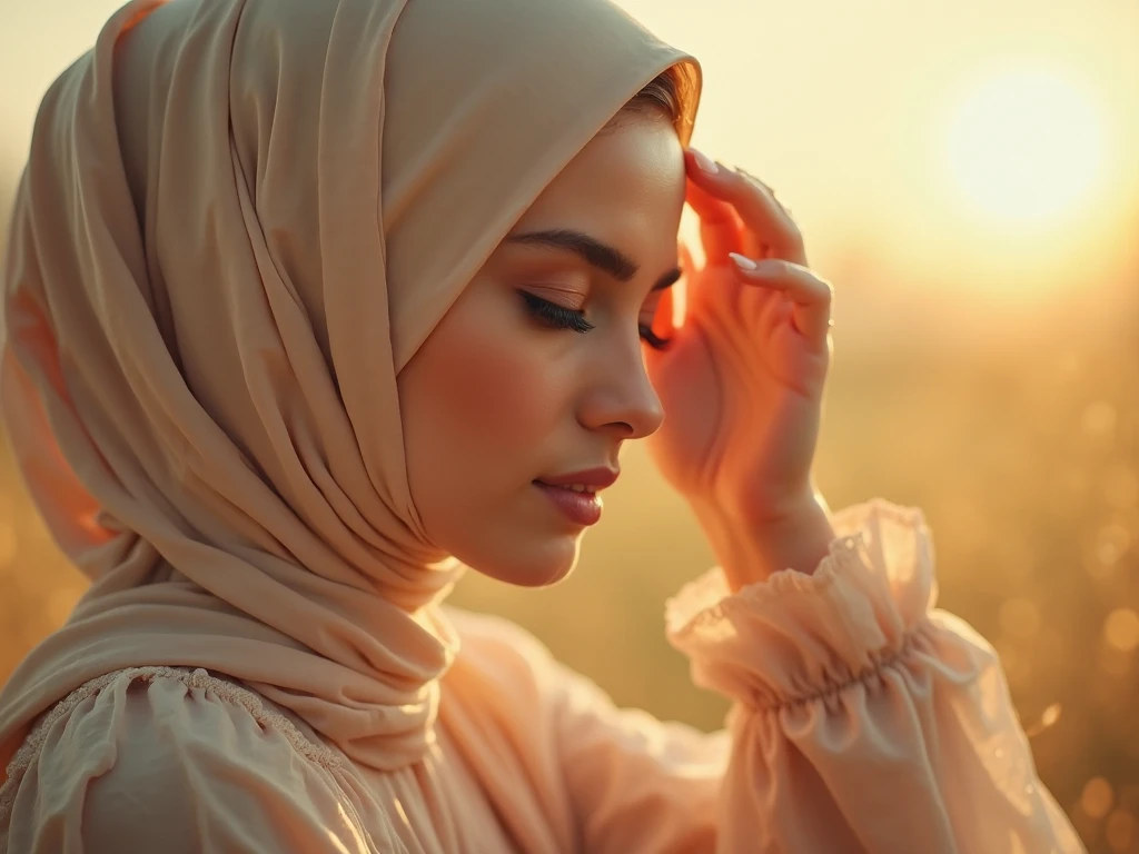 photorealism:1.2), Women,Muslim,Indonesia,Beautiful,graceful,sweet,located at the right end of the frame,SURRENDERING TO GOD after tired of trying