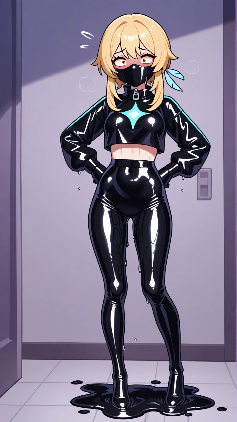 score_9, score_8_up, source_アニメ,Big Breasts,launch bad, blonde hair, long hair, curly hair, green eyes,,latex,garter belt,Reverse Bunny Suit,High heels,gloves,shiny skin,Constraints,corset,,gloves,Wet and see-through,Areola,Pussy juice,Exquisite face