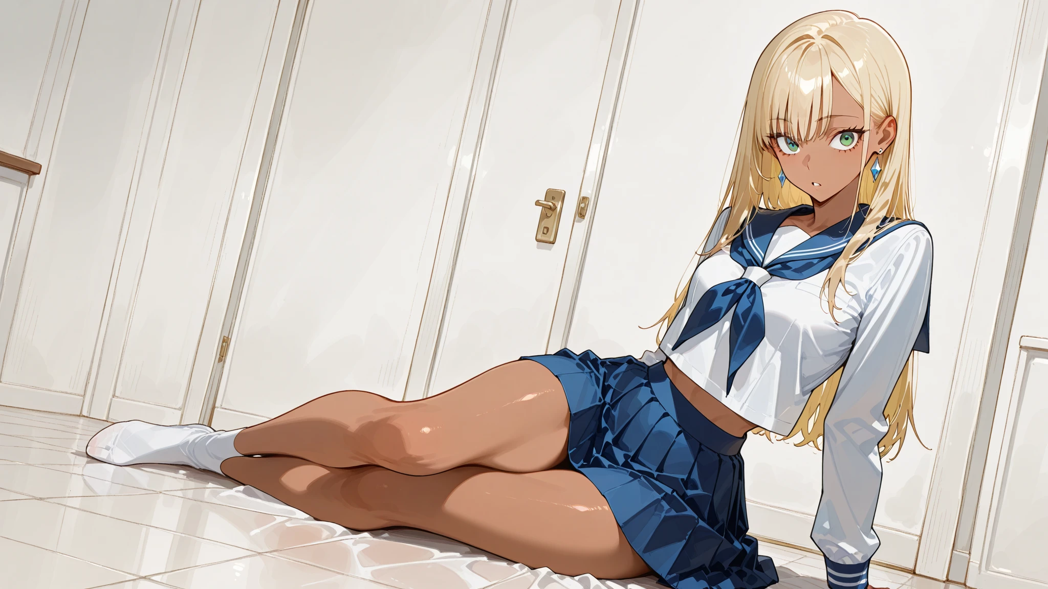 (1 girl),21yo. . high school girl, yankee,( blonde hair).((dark brown skin, gangly, very tan:1.3)), any complaints.,serafuku / sailor dress / sailor uniform , loose socks, cardigan, ((stand / standing in motel)), thighs, short light , bangs over eyes, , (cleavage and panties), top, chest focus, Dutch angle,(spread legs:1.3).( pantyshot, panties shot;1.3).(white panties:1.3).(microskirt),
BREAK
(masterpiece), exquisite illustration, rich saturation, sharp contrast, detailed face, detailed hair, detailed fingers, detailed skin texture, detailed description, dynamic angles, cinematic lighting, professional photographer